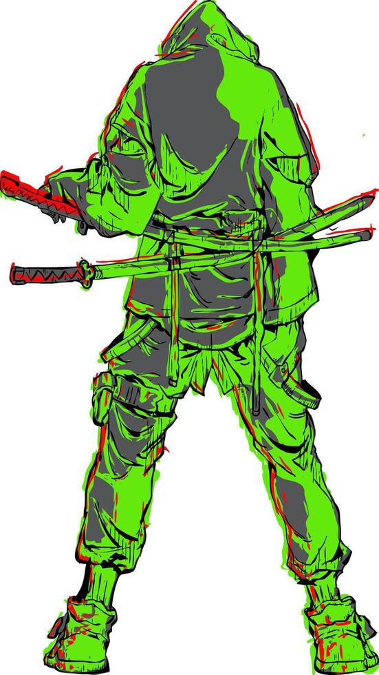 Samurai in retro style with dominant green color vector