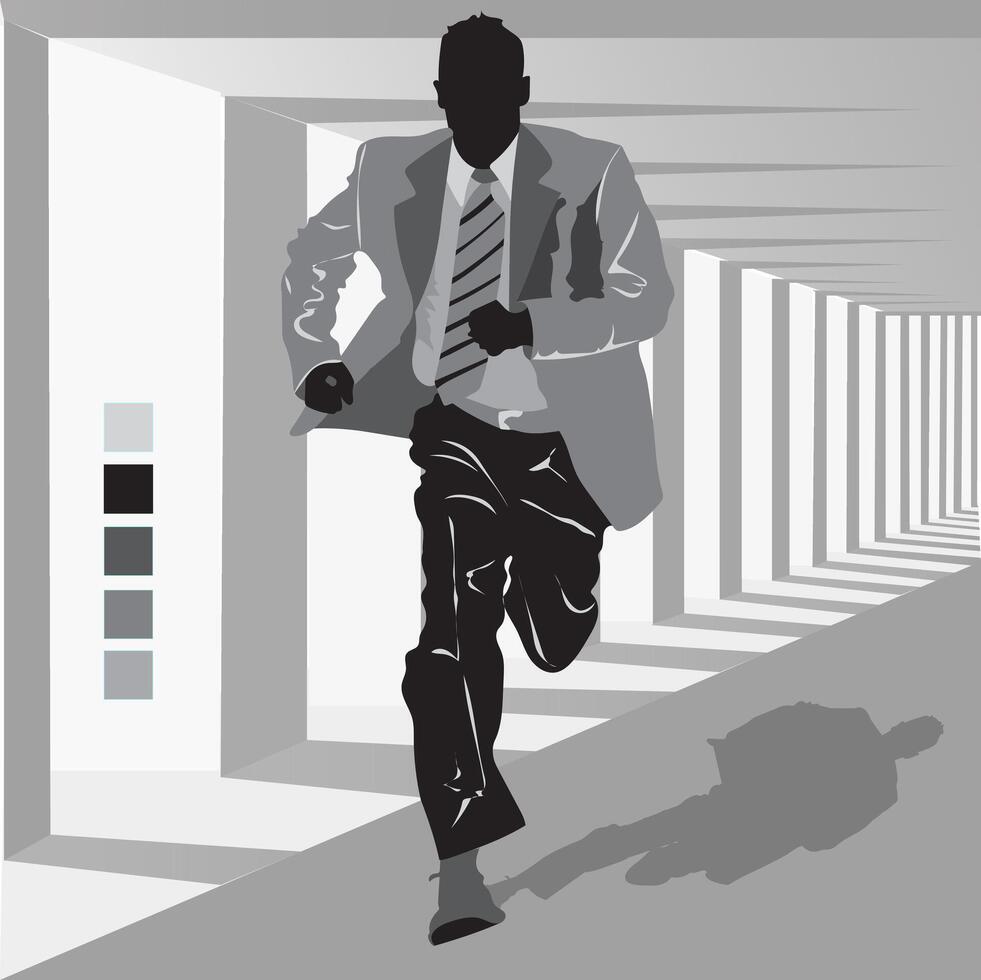 a man wearing a suit running in a black and white monochrome style vector