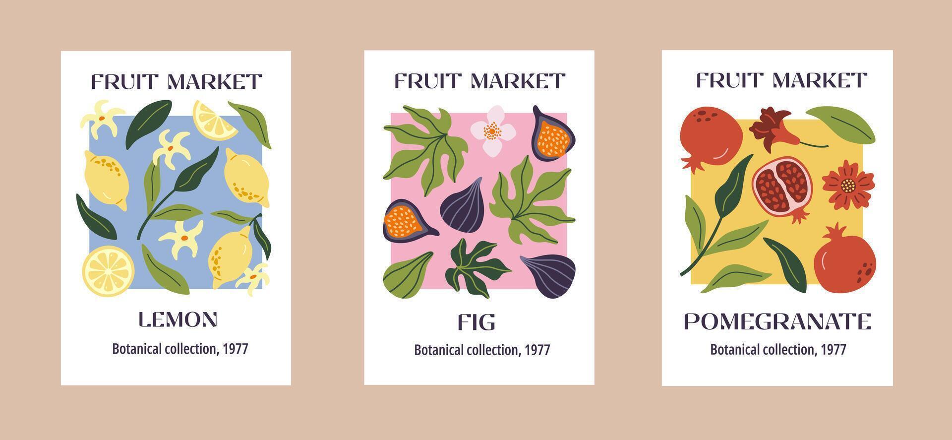 Collection of abstract prints contemporary art. Summer hand drawn fruits. Pomegranates, lemon and fig. Modern design for posters, cards, prints. vector
