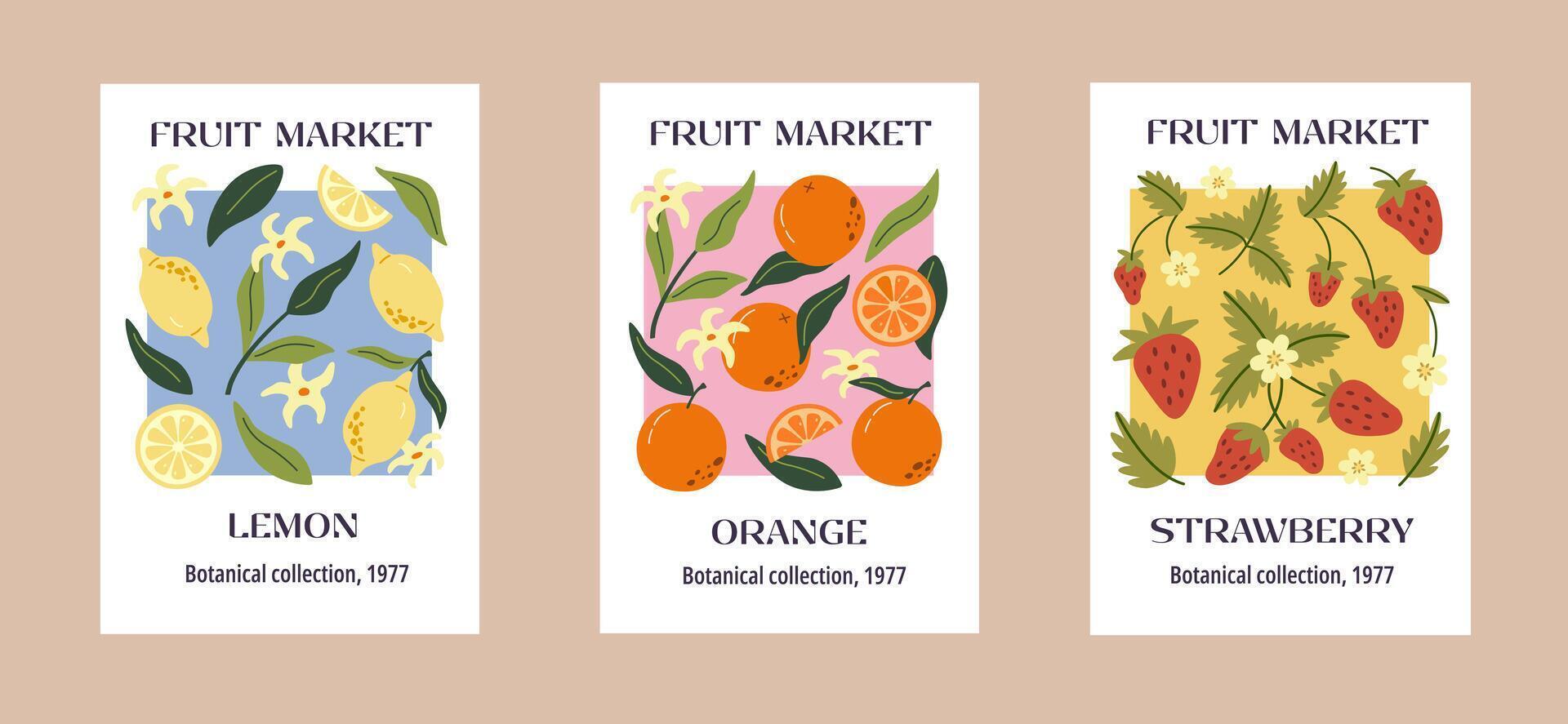 Collection of abstract prints contemporary art. Summer hand drawn fruits. Strawberry, lemon and orange. Modern design for posters, cards, prints. vector
