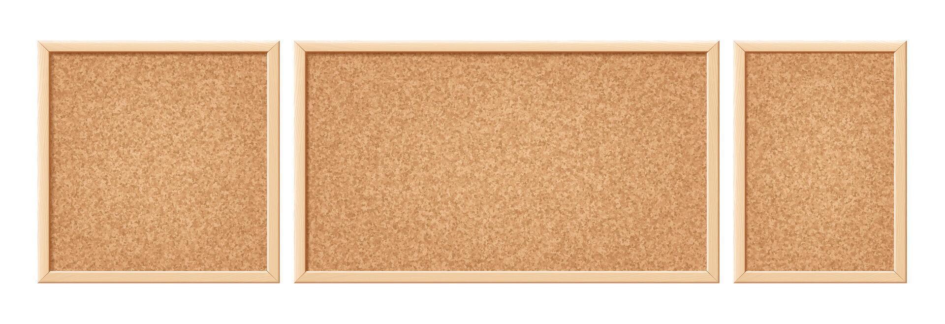 Cork board. Noticeboard with cork texture in square and rectangular wooden frame. Corkboard, pin board with brown grain texture for school or office announcement. set vector