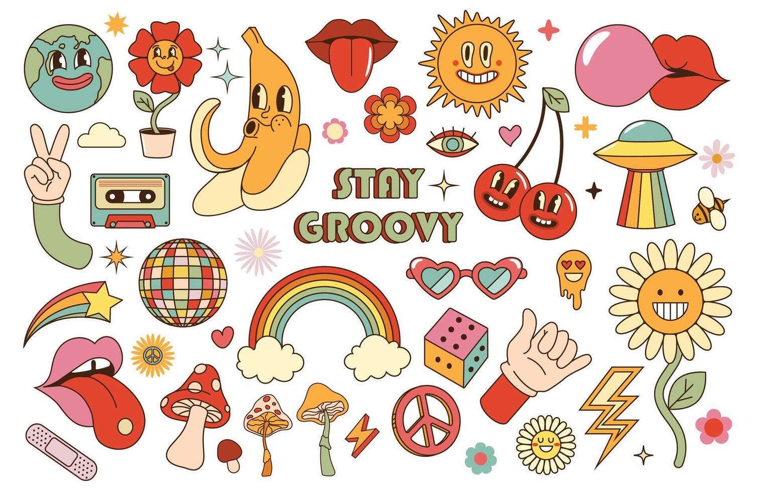 Groovy sticker. Retro 70s hippie stickers, psychedelic groovy elements. Cartoon funky mushroom, flower, rainbow, vintage hippy set. Disco ball, banana and cherries vector