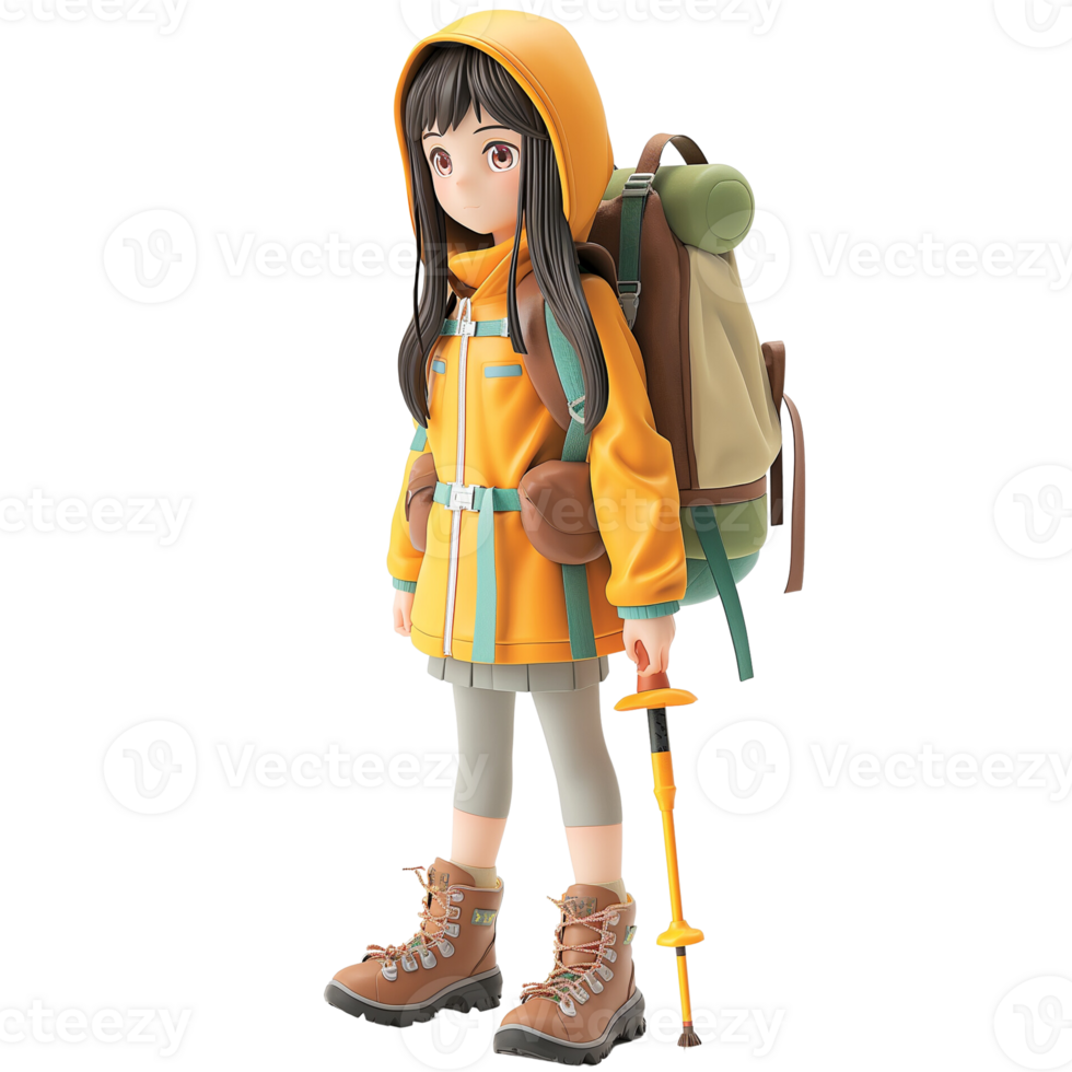 A girl in an orange raincoat with hiking gear png