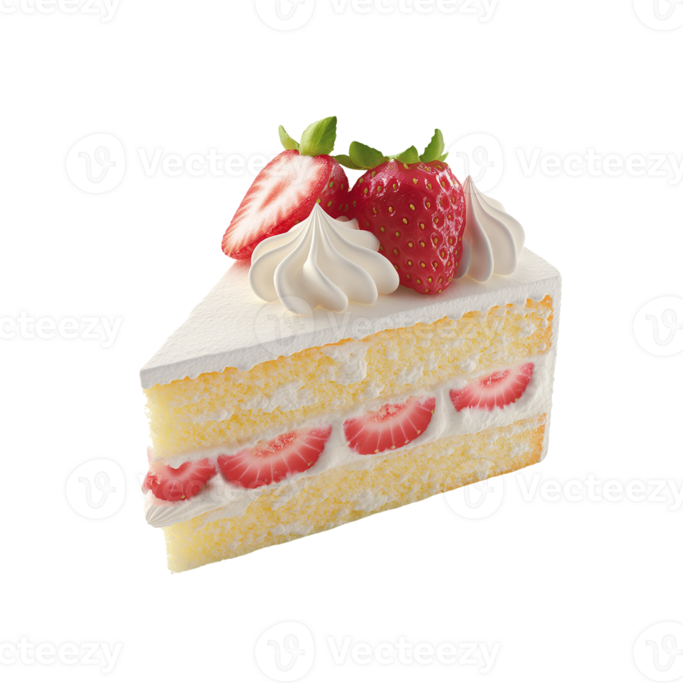 A piece of classic vanilla sponge cake with fresh strawberries and whipped cream on top png