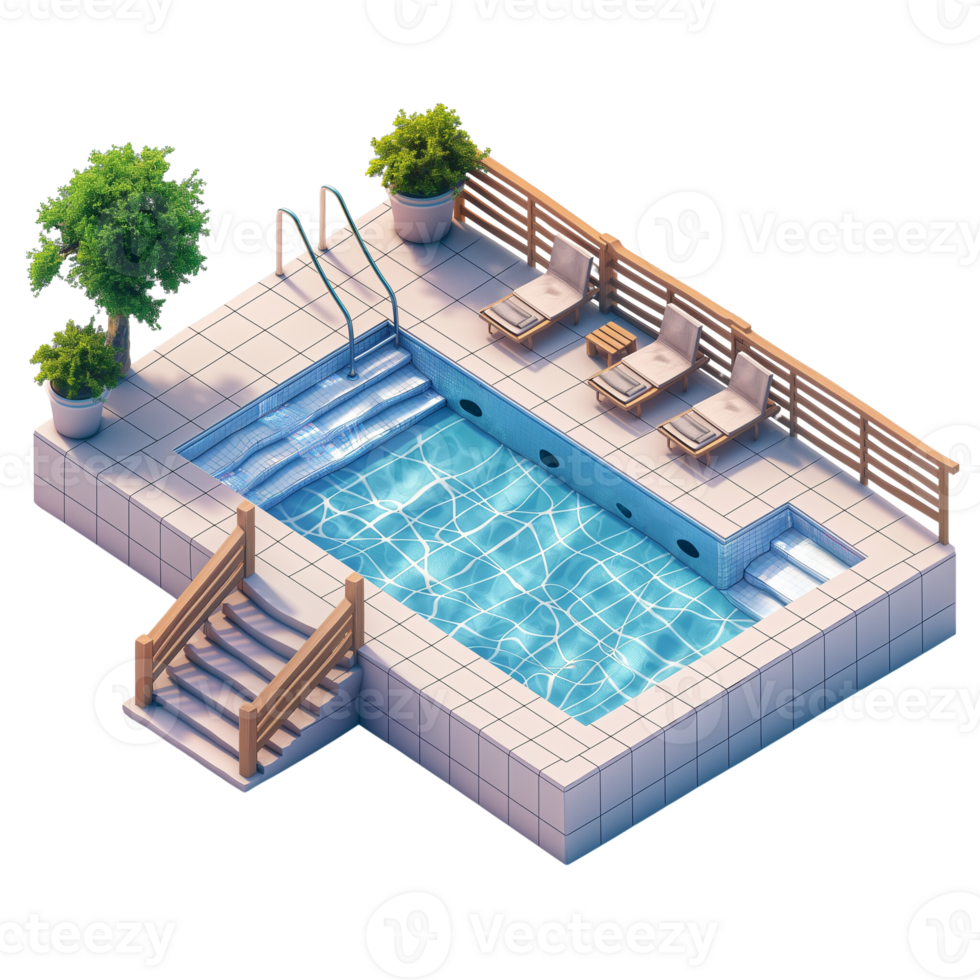 sometric view of a modern swimming pool area with clean tile flooring, lounge chairs, railings, and greenery, ideal for relaxation and leisure. png