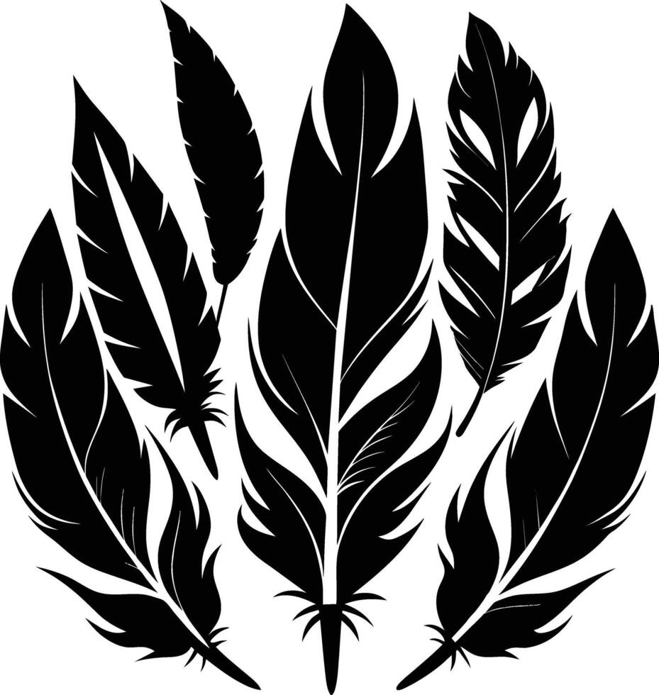 Detailed feather silhouette set, black feather shapes set. vector