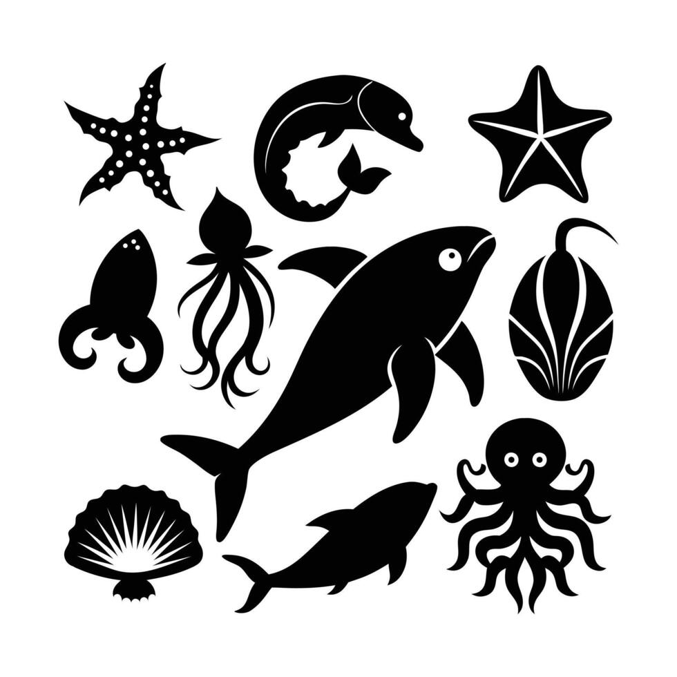 sea life silhouette icons set. vector