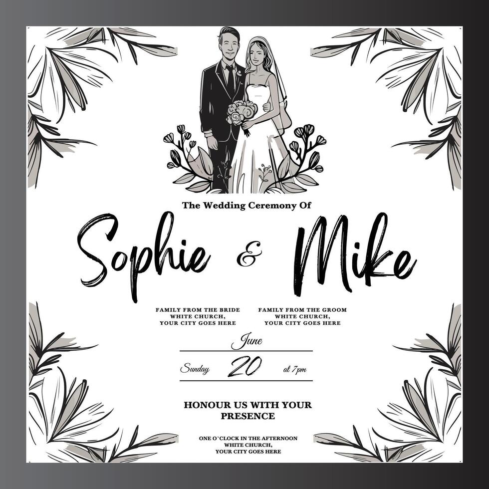 wedding invitation template with a couple in a frame vector