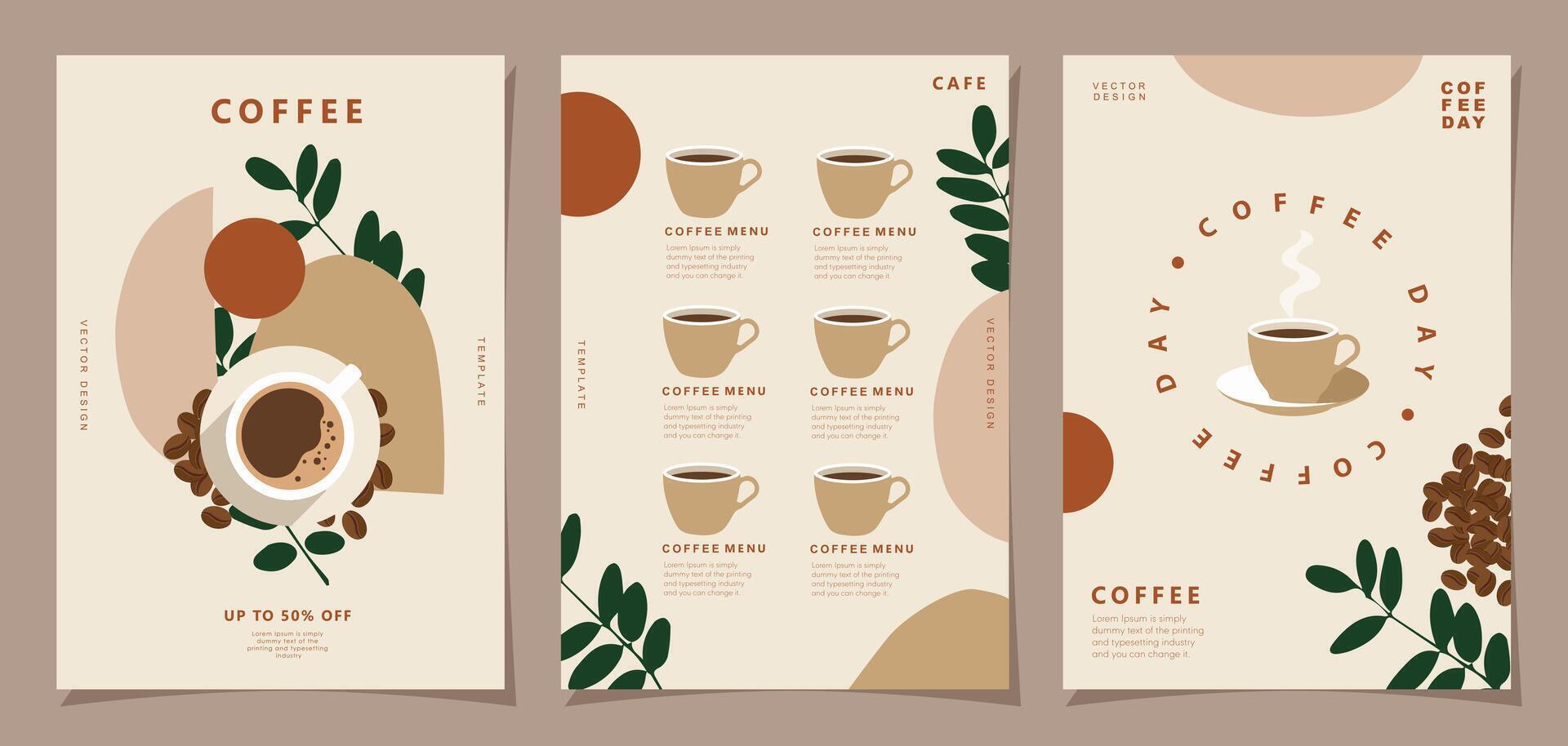 Set of minimal background templates with coffee beans and coffee mug for invitations, cards, banner, brochure, poster, cover, cafe menu or another design. vector