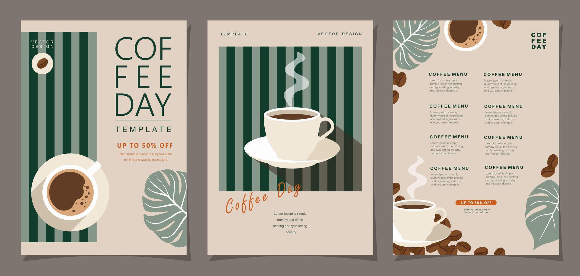 Set of International Coffee Day banner, 1st October holiday. Geometric simple minimalistic horizontal greeting flat style for banner, poster, background. vector