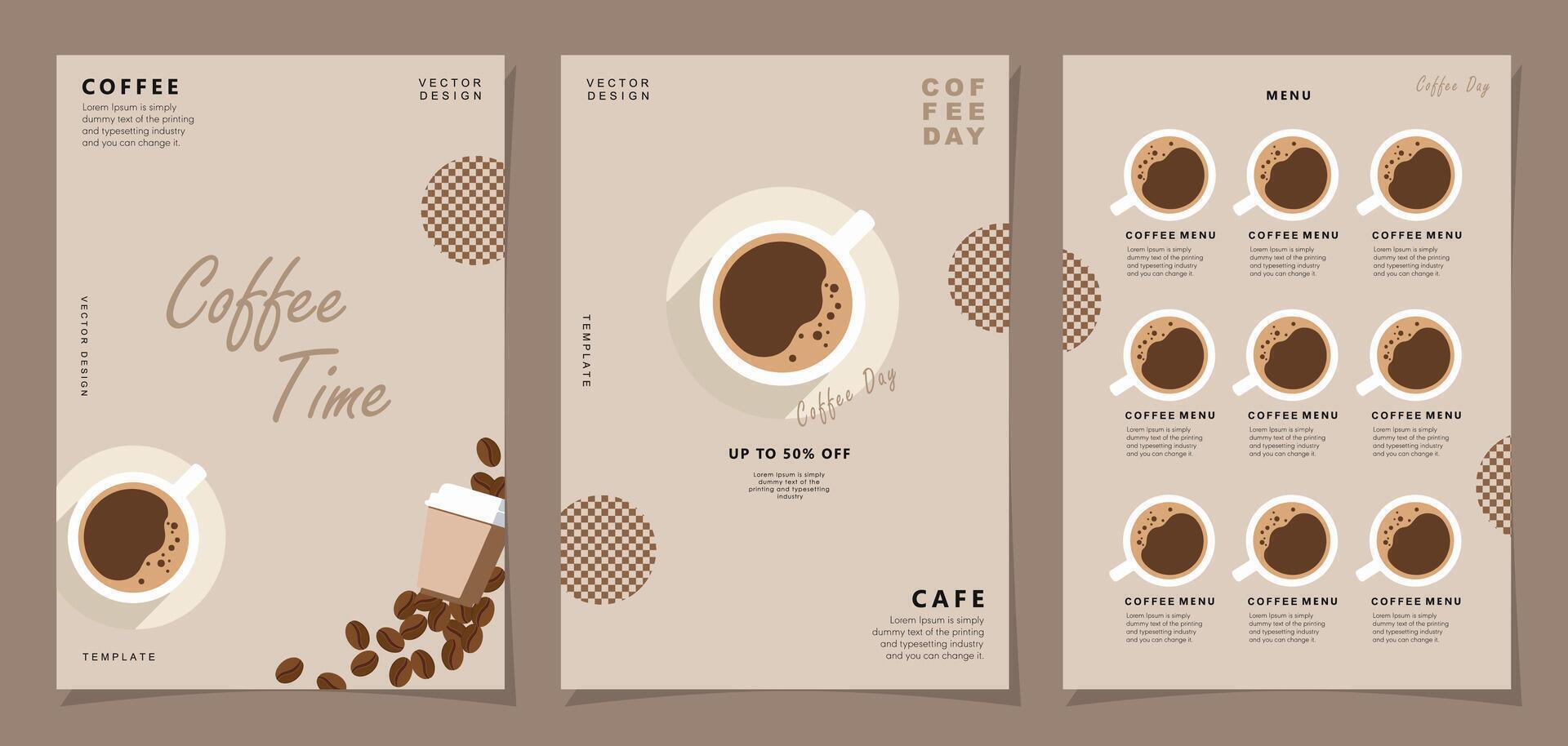 Set of minimal background templates with coffee beans and coffee mug for invitations, cards, banner, brochure, poster, cover, cafe menu or another design. vector