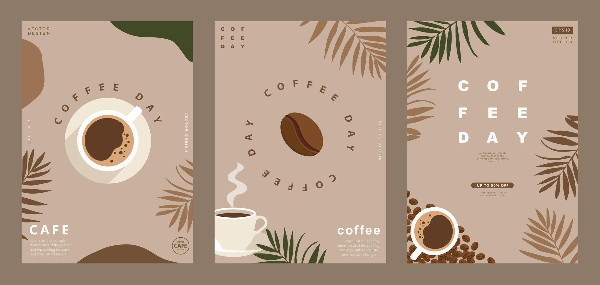 Set of minimal background templates with coffee beans and coffee mug for invitations, cards, banner, brochure, poster, cover, cafe menu or another design. vector