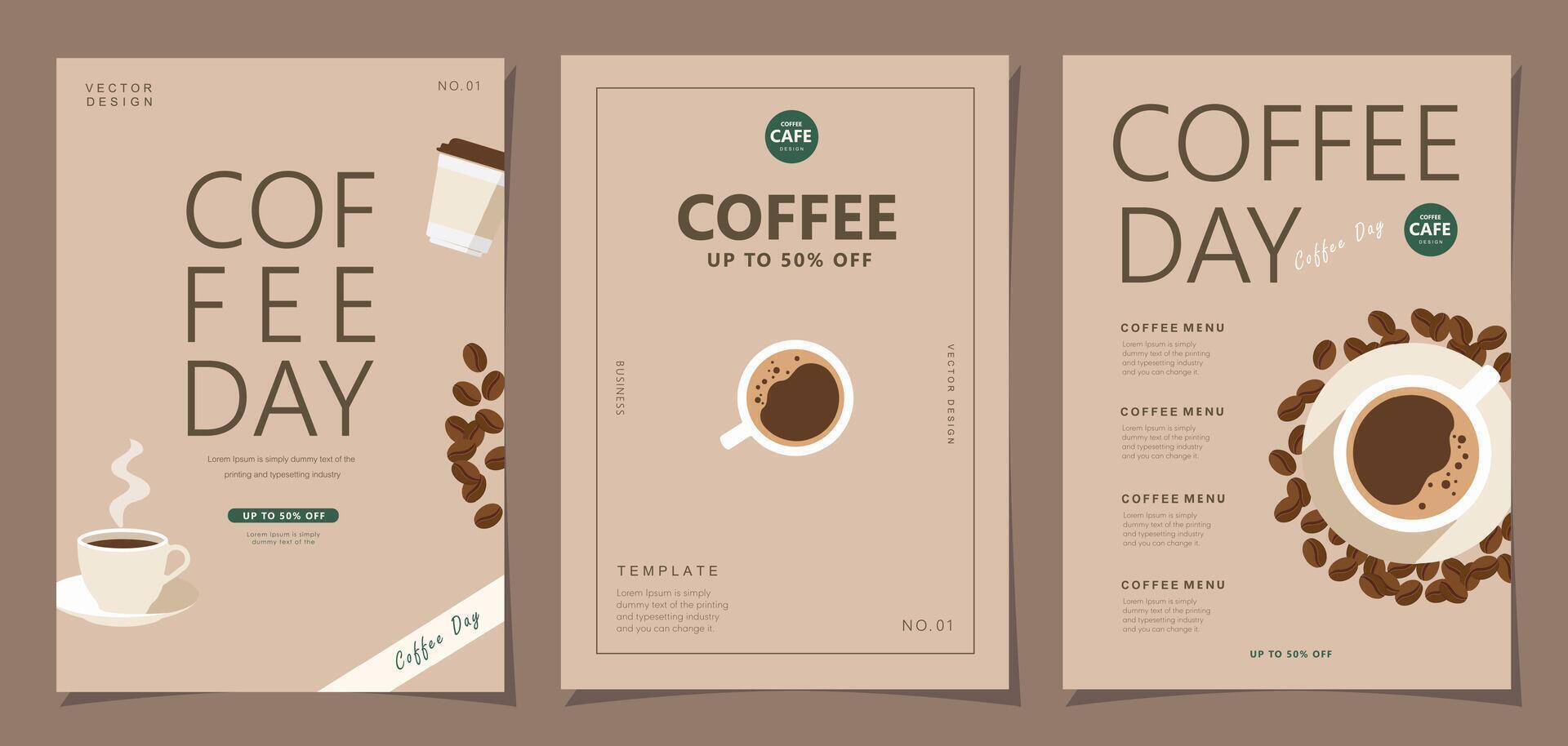 Set of minimal background templates with coffee beans and coffee mug for invitations, cards, banner, brochure, poster, cover, cafe menu or another design. vector