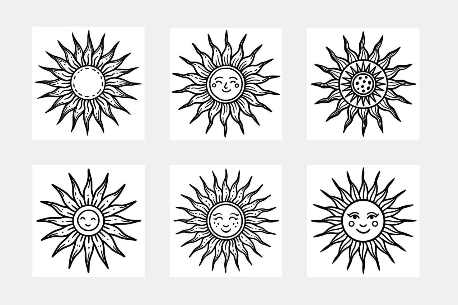 Happy sun simple illustration Line art set vector