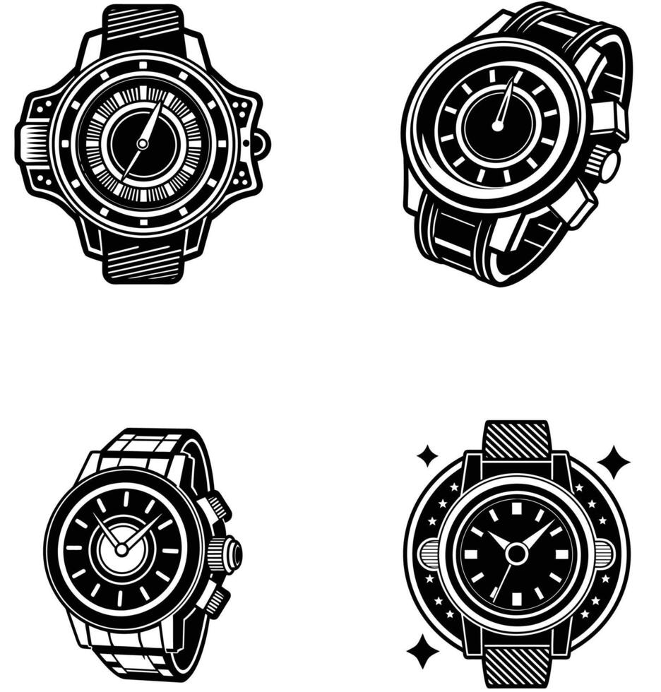 silhouette black white watches set vector