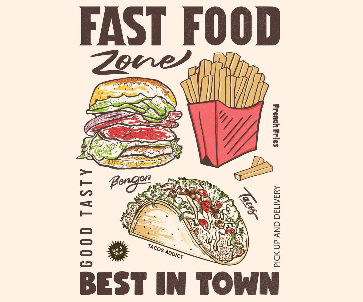 Crispy and delicious fast food artwork. Restaurant menu set. Weekend mood. Fast food design. Barger, pizza, tacos, donut and sauce design for t shirt print, poster, sticker, background and other uses. vector