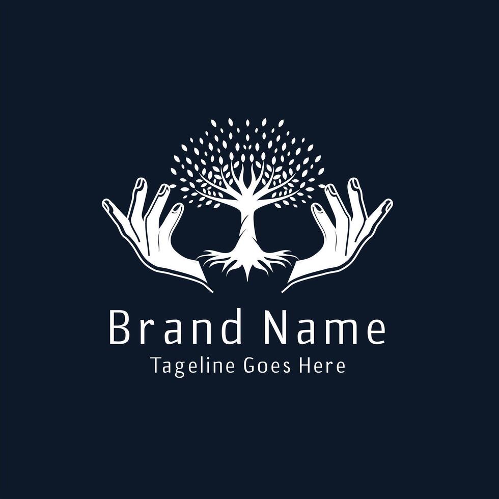 Human hands and tree with green leaves. Logo, symbol, icon, illustration, , template, design vector