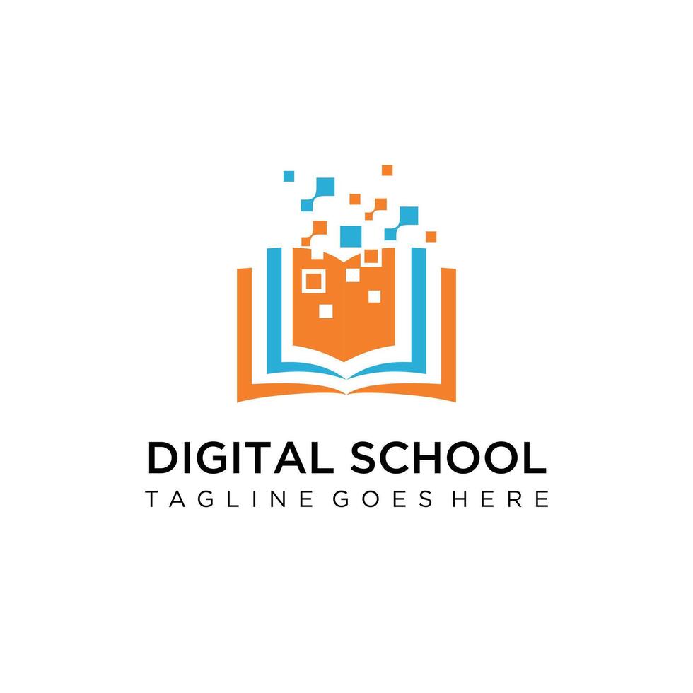 digital tech book logo design, Digital school. On-line educational blue logo. Open book with pages and pixels. Virtual i.q. courses identity. vector