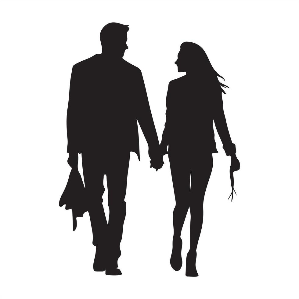 Black flat design couple holding hands and walking silhouette white background vector