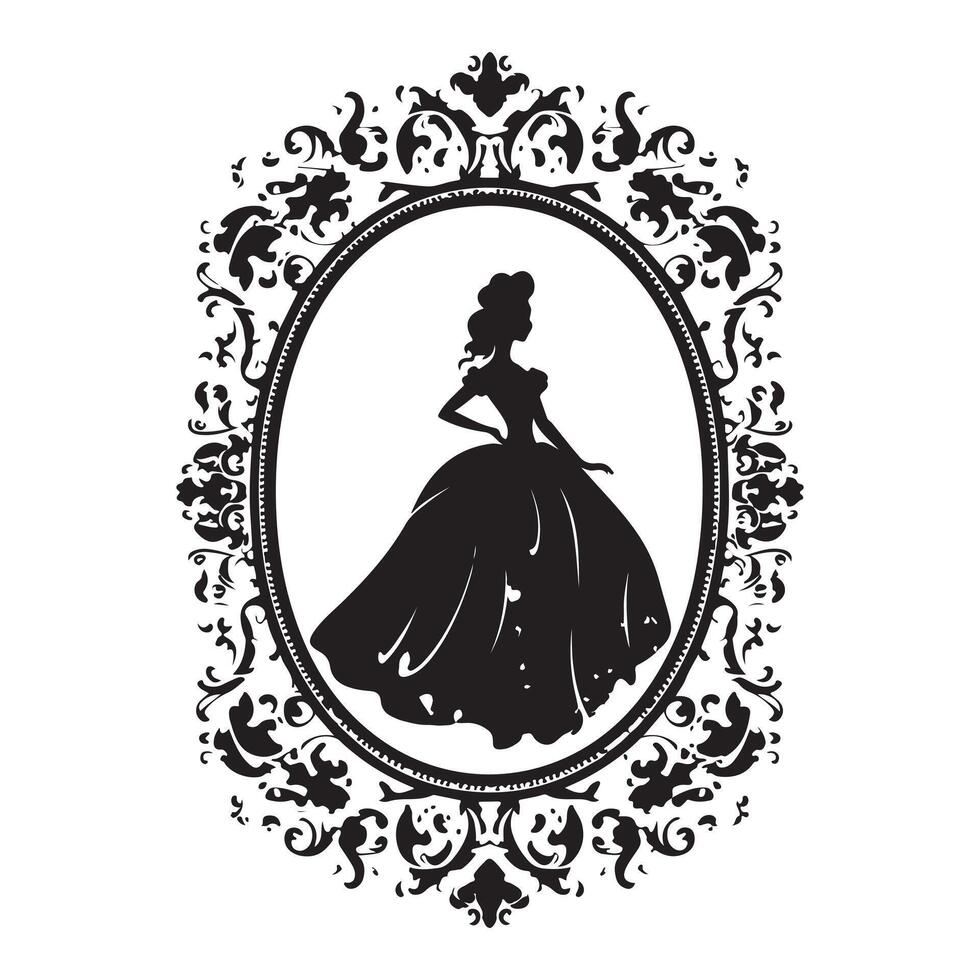 Princess in a magnificent dress in a retro frame silhouette white background vector
