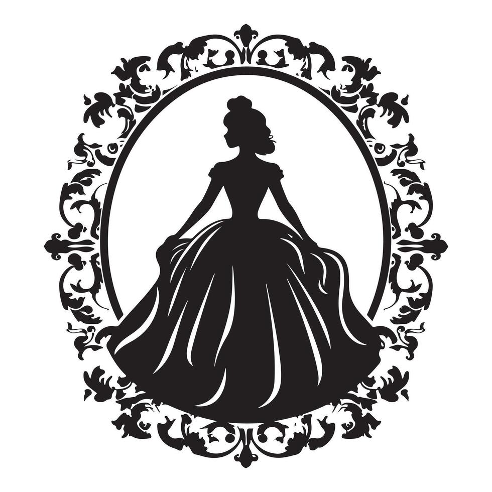 Princess in a magnificent dress in a retro frame silhouette white background vector
