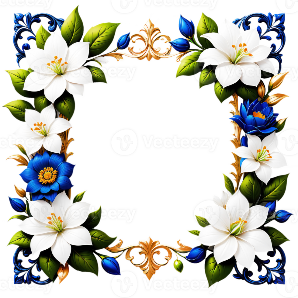 Blue frame with white flower on transparent background.. png