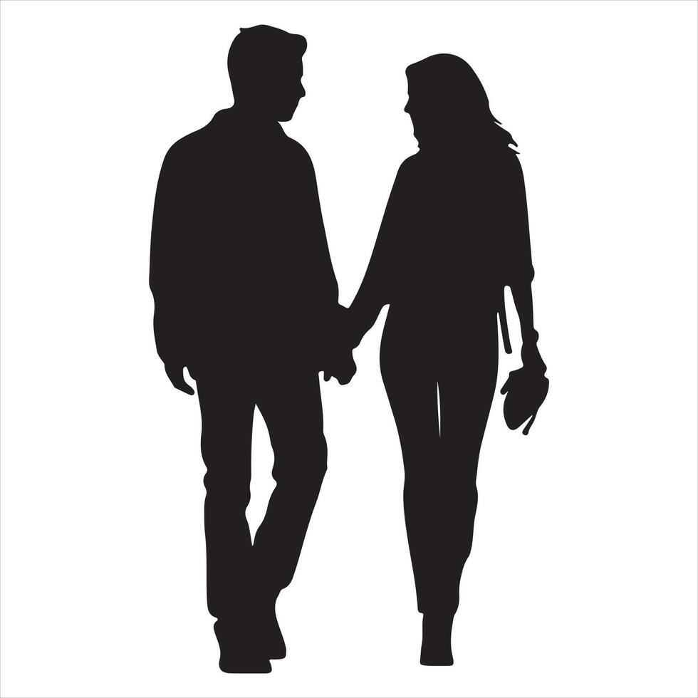 Black flat design couple holding hands and walking silhouette white background vector