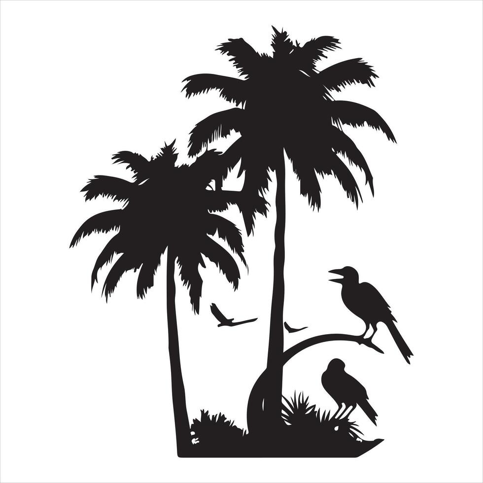palm tree with bird silhouette white background vector