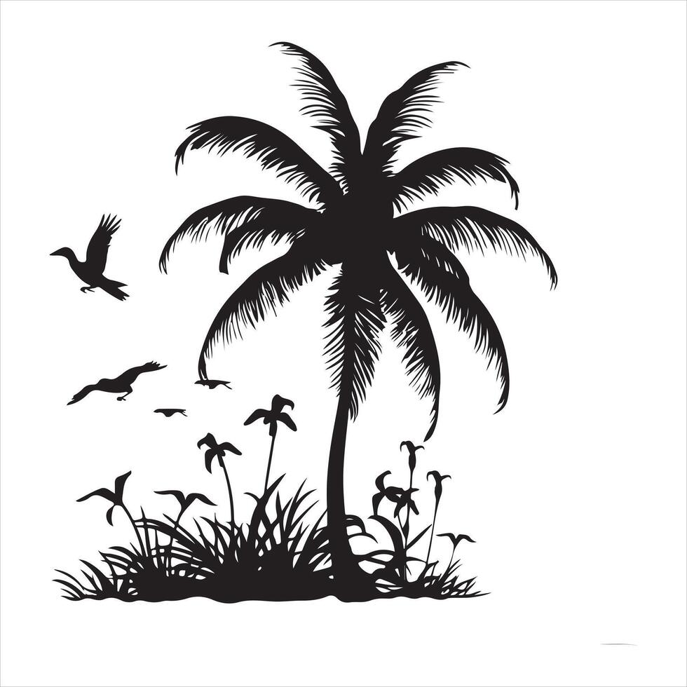 palm tree with bird silhouette white background vector