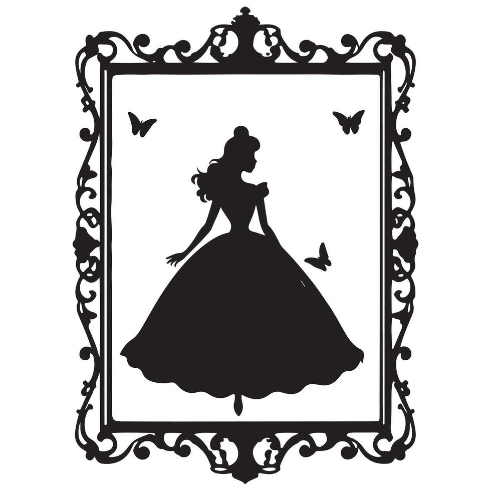 Princess in a magnificent dress in a retro frame silhouette white background vector