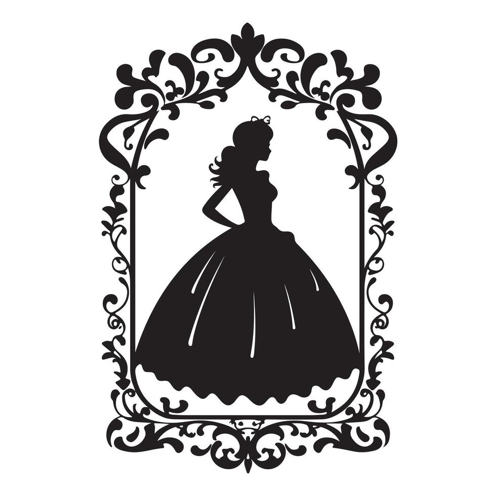 Princess in a magnificent dress in a retro frame silhouette white background vector