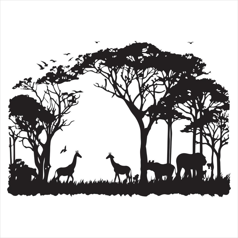 African safari animals and trees in scene silhouette white background vector