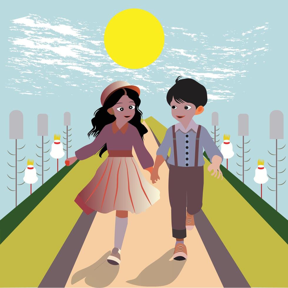 A cartoon of a couple holding hands and walking in a park vector