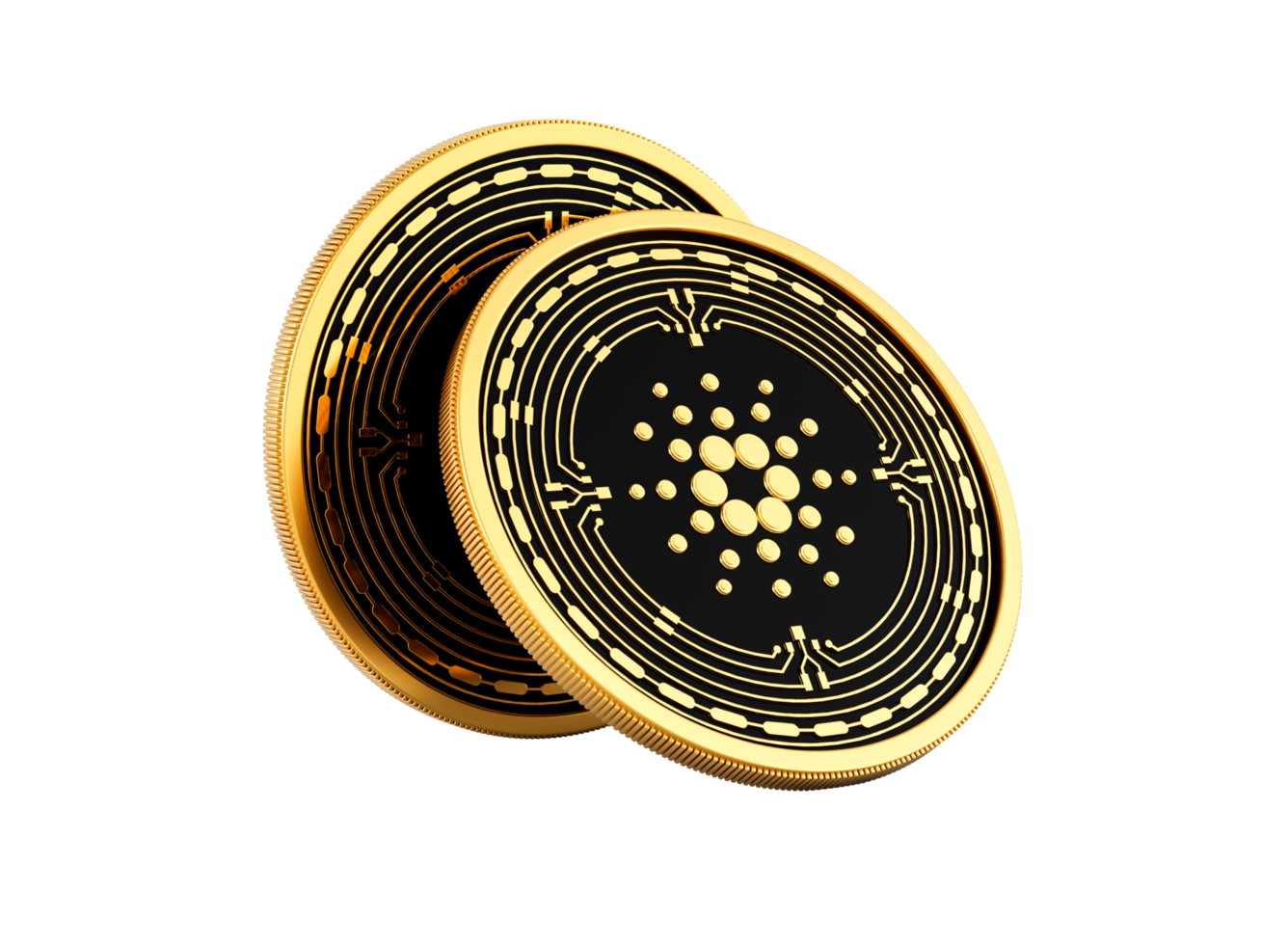3d Two Golden And Black Rounded Cryptocurrency Cardano Coins 3d Illustration png