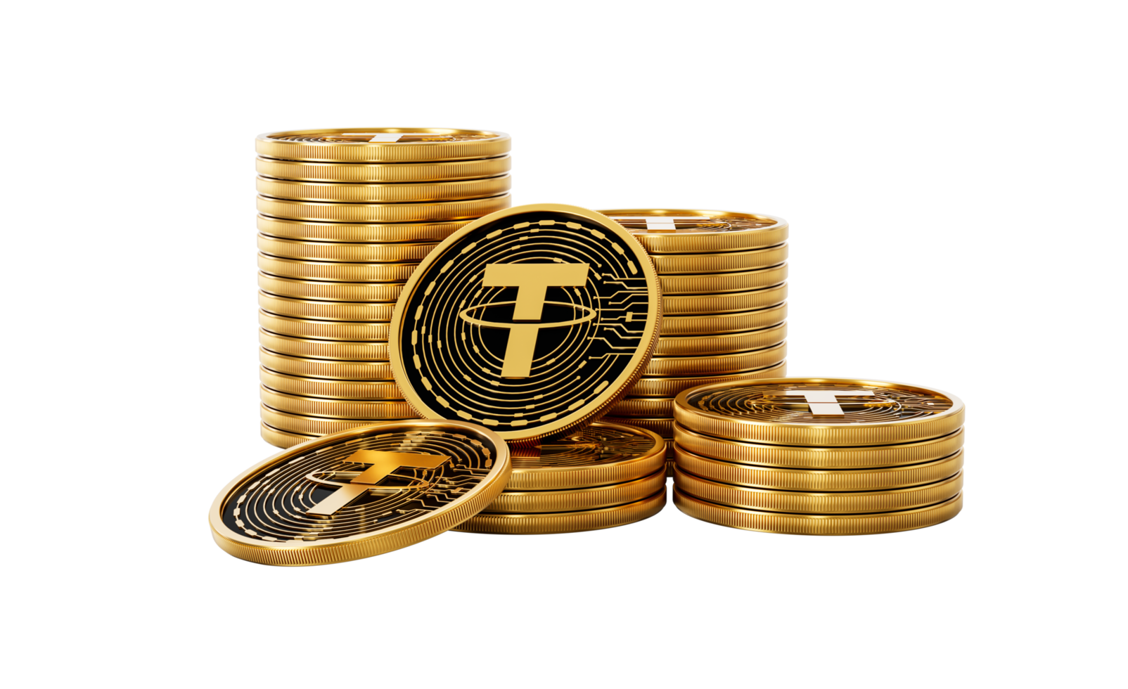 3d Stack Of Golden Cryptocurrency Tether USDT Coins Stack 3d Illustration png