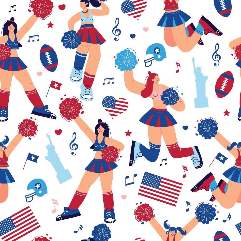 Seamless pattern Cheer leading Usa girls dancers figure Sport support. High school, college formation. Gymnastic legs apart pose perform. Energy dance vector