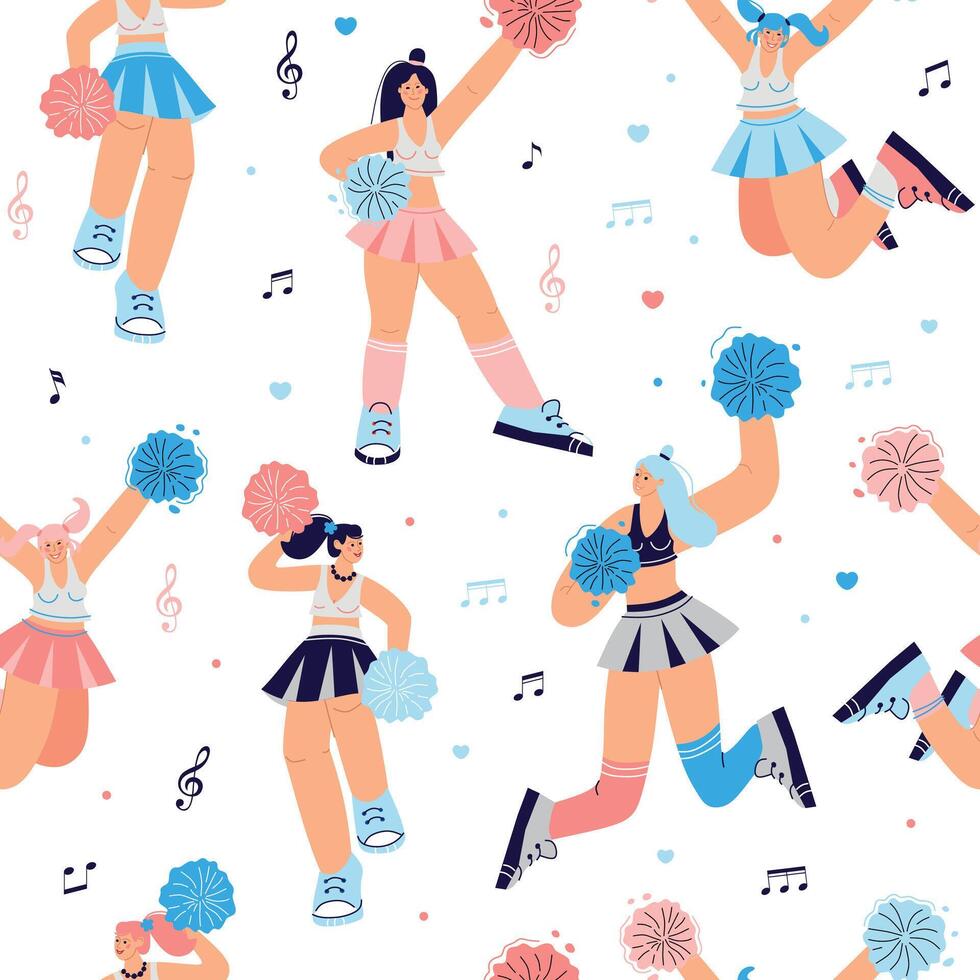 Seamless pattern Cheer leading girls dancers figure Sport support. High school, college formation. Gymnastic pose. Energy dance. vector