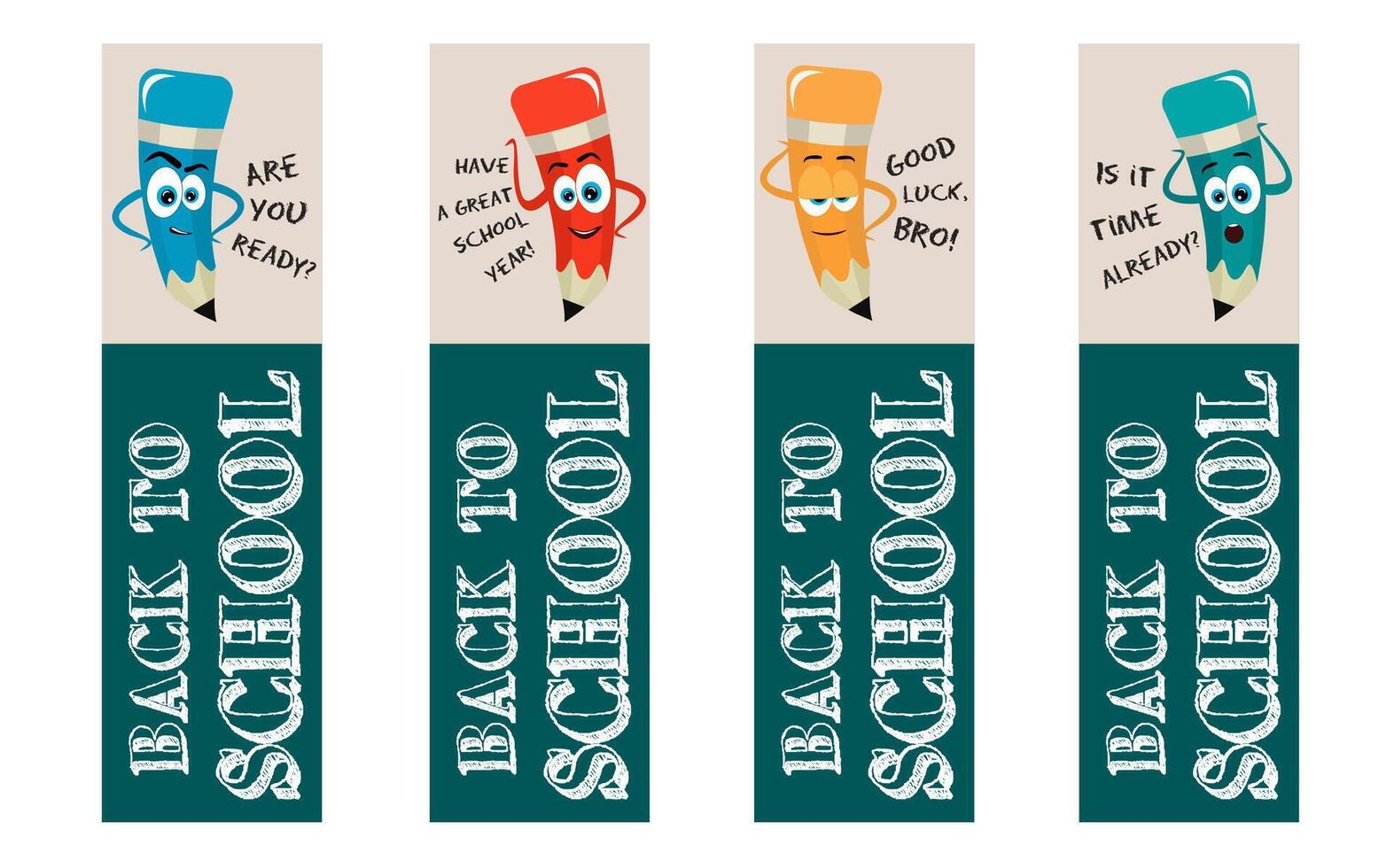 Bookmarks with funny pencils and lettering Back to school. vector