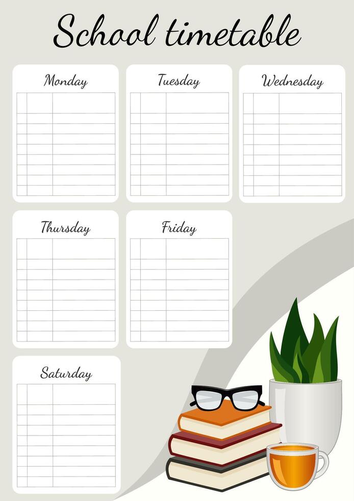 School timetable with books, glasses, a houseplant and a cup of tea. Portrait orientation. vector
