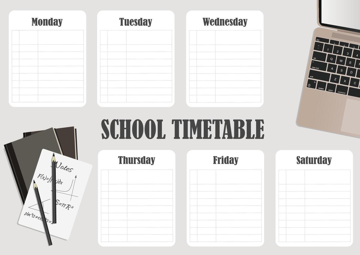 School timetable with a laptop and books. Landscape orientation. vector