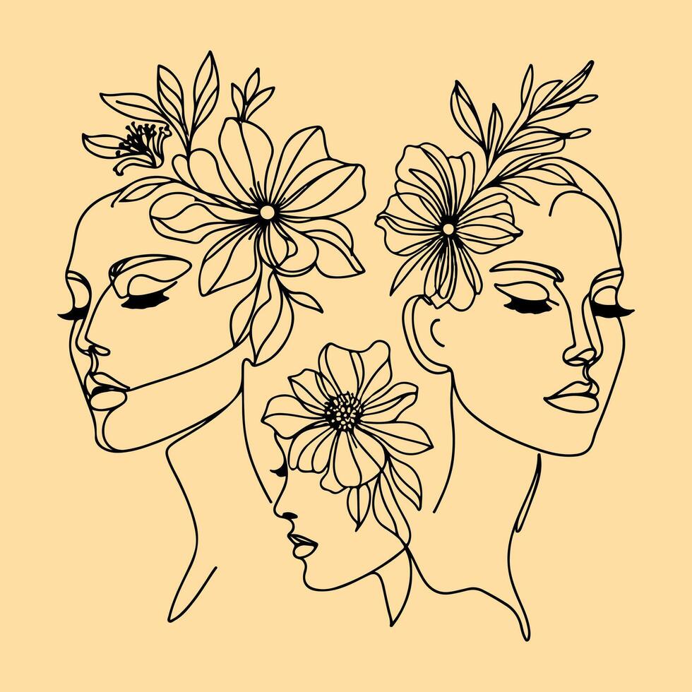wemen faces one line art illustration vector