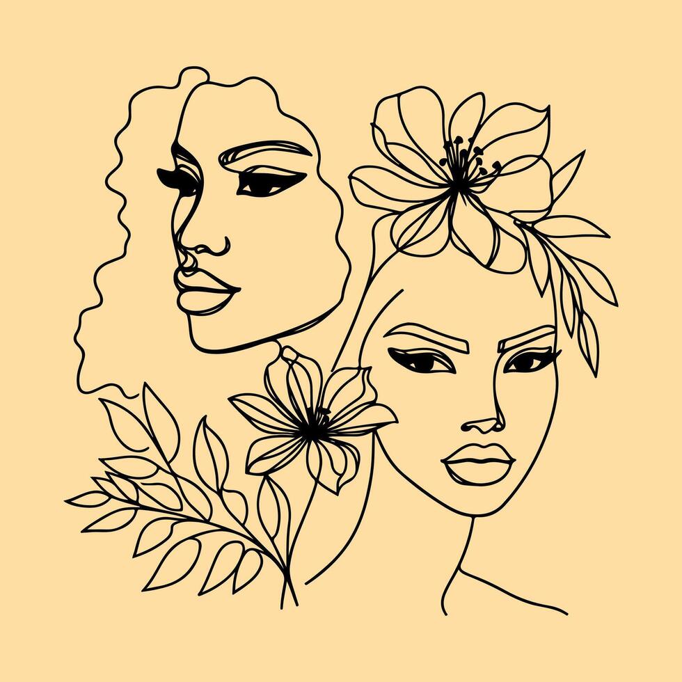 wemen faces one line art illustration vector