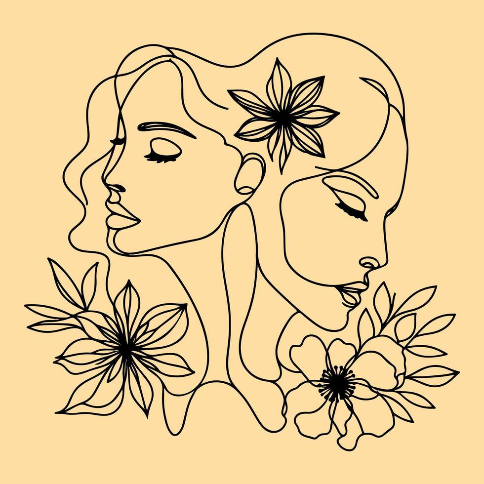 wemen faces one line art illustration vector