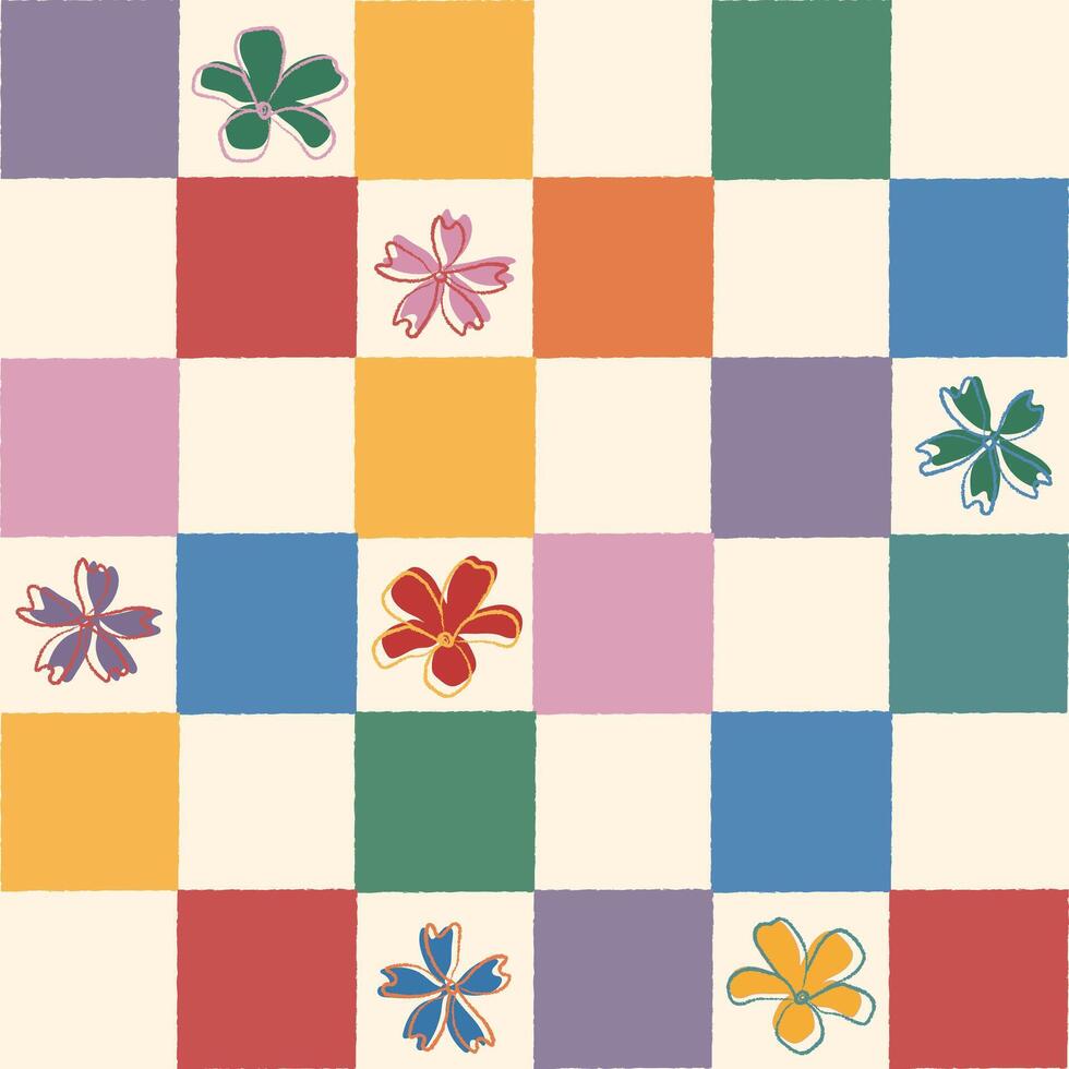 Hippie 60s 70s seamless patterns Flowers on checkerboard, mesh background in retro style Fashion design textile, fabric, wallpaper, wrapping and prints Hand-Drawn Illustration Groovy Background vector