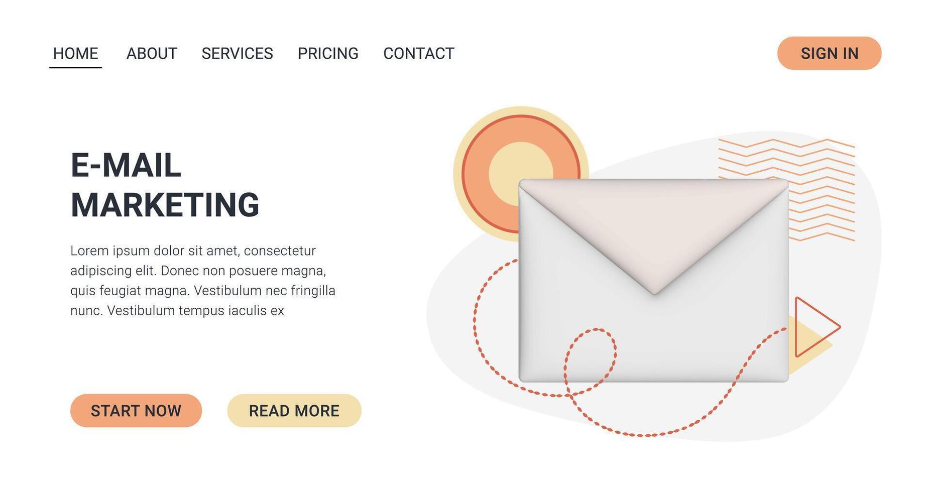 E-mail Marketing Website template with 3D envelope. Promotional page with voluminous letter, Memphis elements. Landing page design for email delivery business. Advertising block. illustration vector