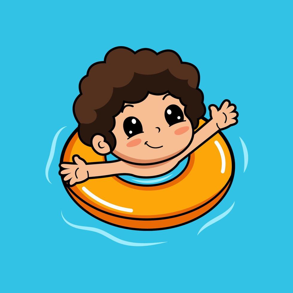 Cute curly haired boy swimming with swim ring cartoon illustration vector