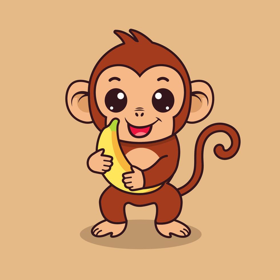 Cute monkey holding banana cartoon illustration vector