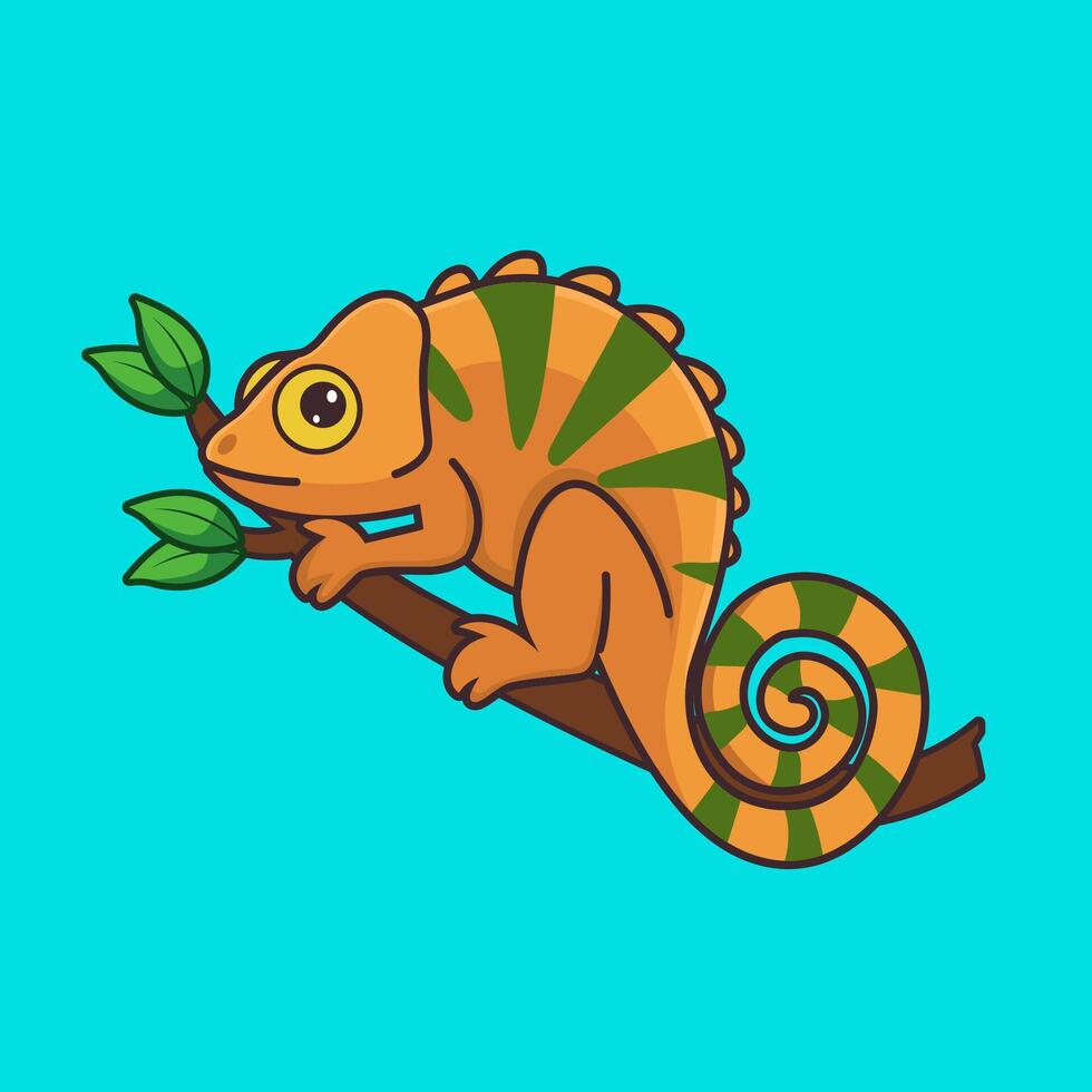 Cute chameleon hanging on tree cartoon illustration vector