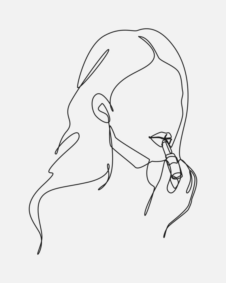 Beautiful woman applying lipstick to her lips with one line drawing style graphic illustration. vector