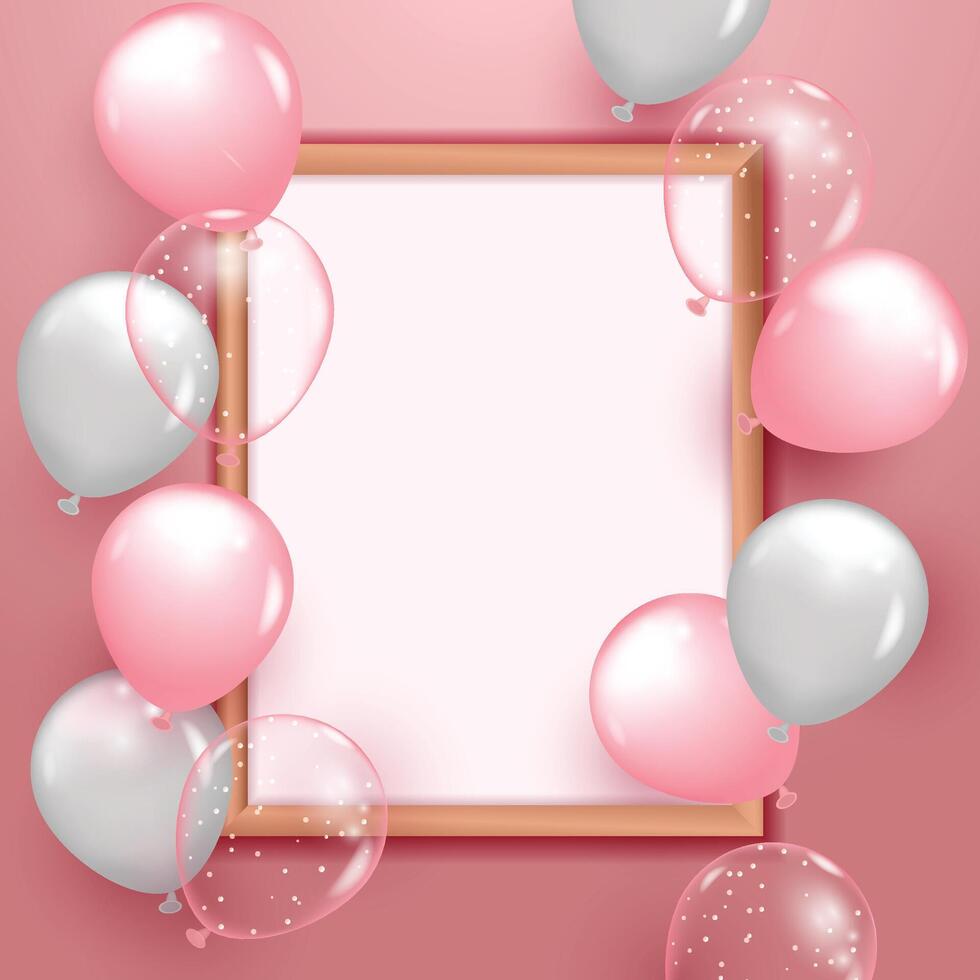 Frame with pink and silver balloons on pink background vector